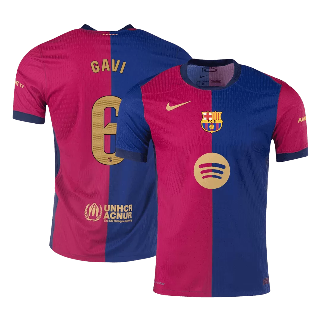 GAVI #6 Barcelona Home Authentic Soccer Jersey - Spotify Logo Without Text