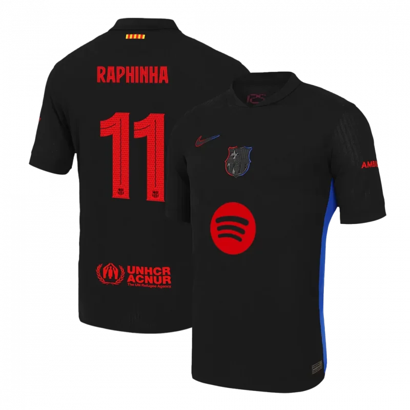 RAPHINHA #11 Barcelona Away Authentic Soccer Jersey - UCL (Spotify Logo Without Text)