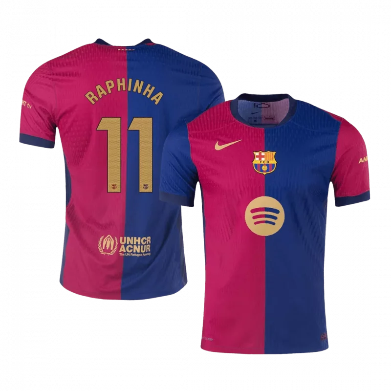RAPHINHA #11 Barcelona Home Authentic Soccer Jersey - Spotify Logo Without Text